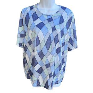 Vintage Women's Blouse Geometric Shirt Blue Green Top Short Sleeves USA Large